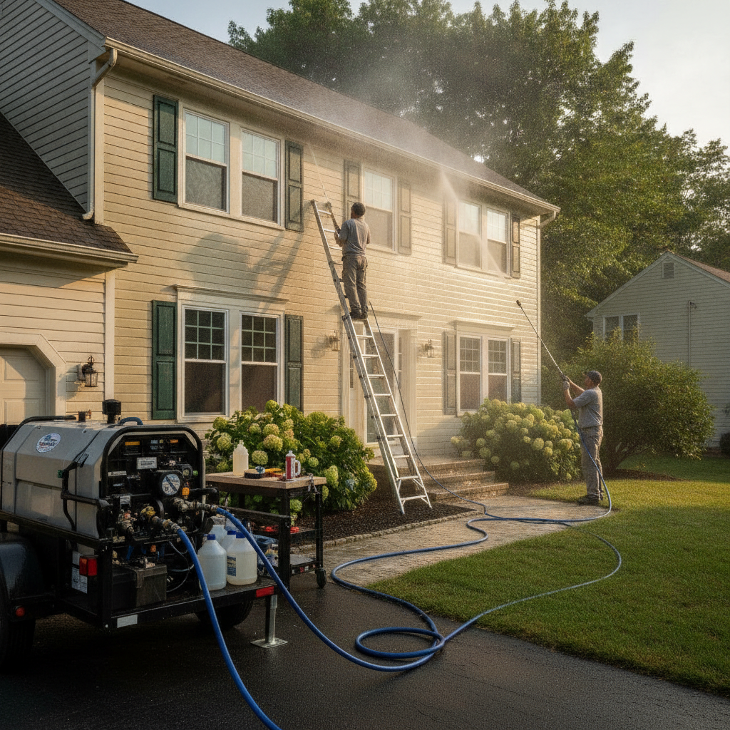 Create a realistic, professional service-business photograph showing Exterior House Pressure Washing in progress. People may be present, but only from behind, with the backs of their heads visible. Do not show any faces, facial features, fr
