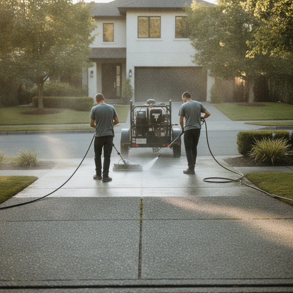 Create a realistic, professional service-business photograph showing Driveway Pressure Washing in progress. People may be present, but only from behind, with the backs of their heads visible. Do not show any faces, facial features, front-fa